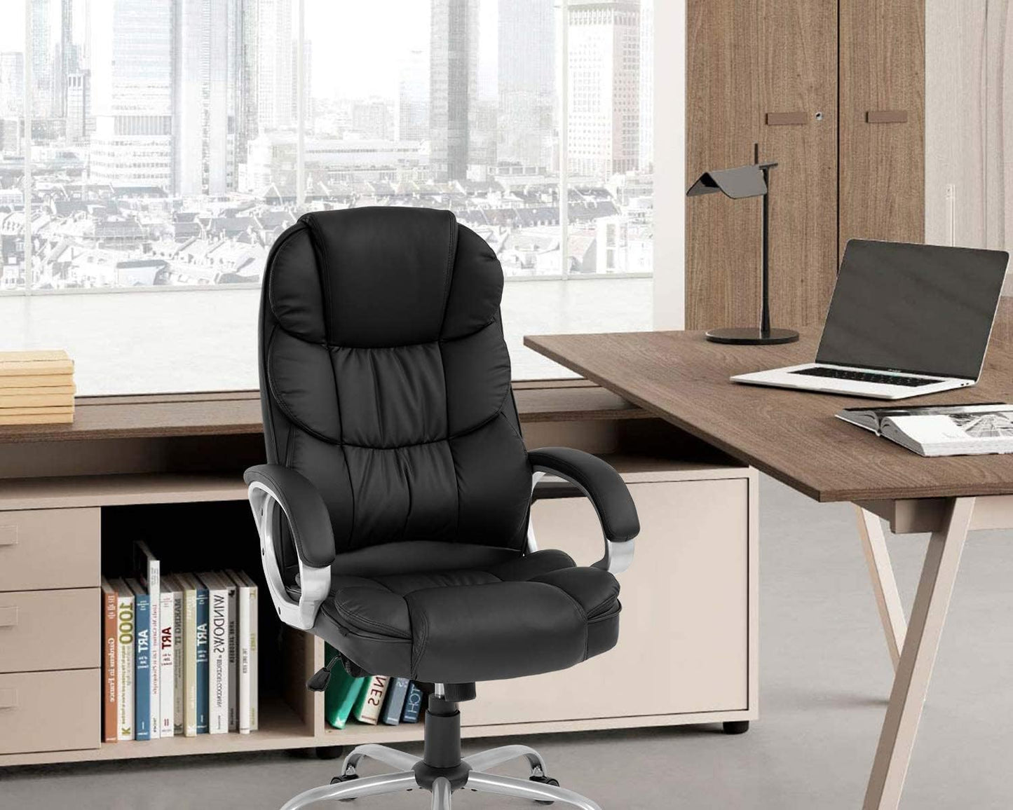 Premium Office Chair Computer High Back Adjustable Ergonomic Desk Chair Executive PU Leather Swivel Task Chair with Armrests Lumbar Support (Black)