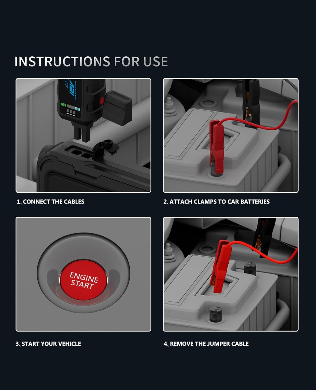 Portable 3000A Car Jump Starter with Air Compressor, 12V Battery Booster for Up to 8.0L Gas & Diesel Engines, Power Bank & Charger, All-Weather Use