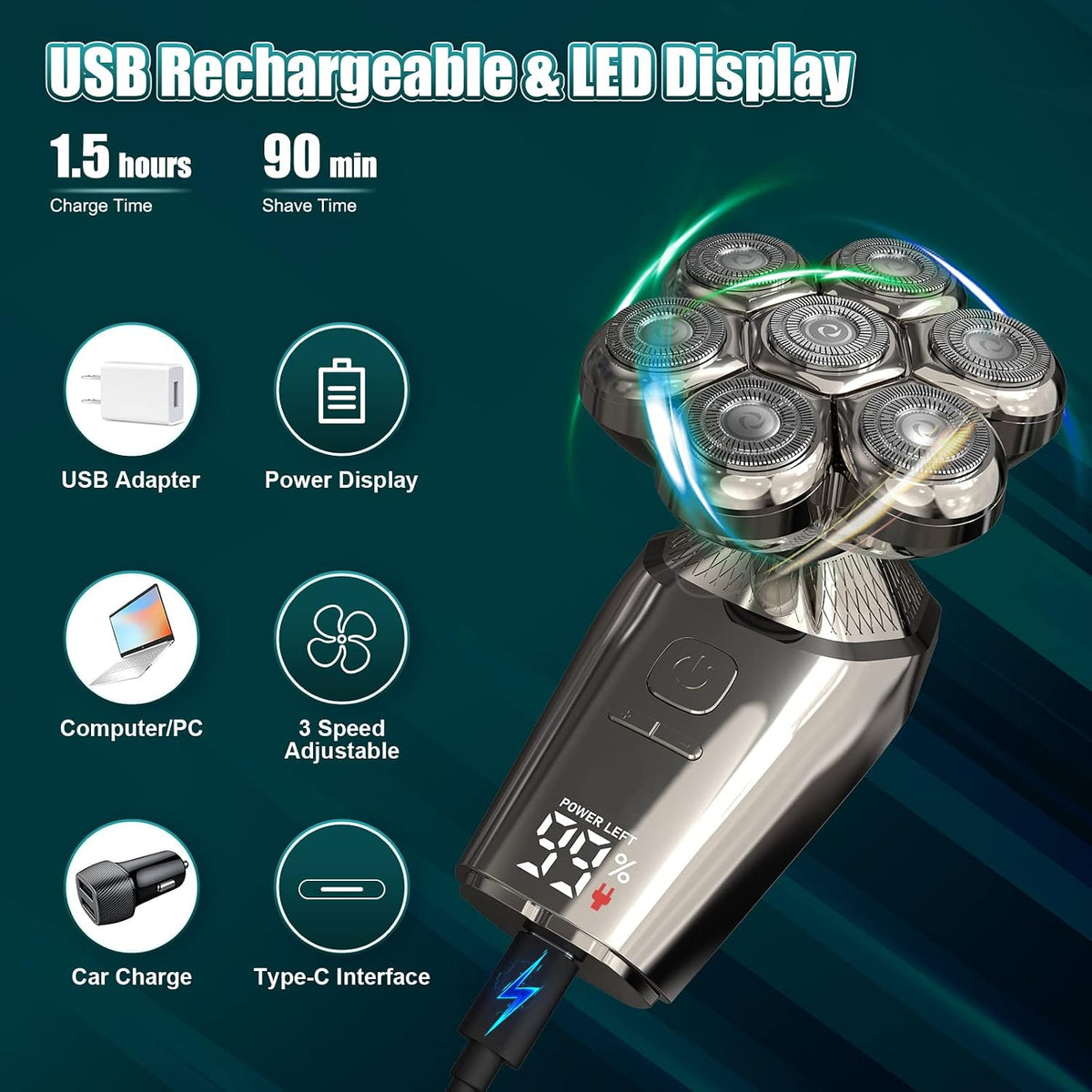 7D Head Shaver Detachable, 6-IN-1 Electric Razor LCD Display Skull Shaver for Bald Men 3 Speeds, IPX7 Waterproof Wet/Dry Electric Rotary Shaver Grooming Kit for Hair,Beard,Face Rechargeable