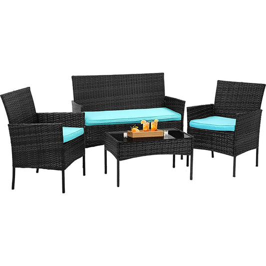 Maxxus Patio Furniture 4 Pieces Outdoor Indoor Use Rattan Chairs Wicker Patio Loveseats Conversation Sets with Table and Beige Cushions for Backyard Lawn Porch Garden Balcony, Brown