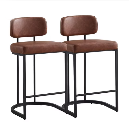 Set of 2 Bar Stools PU Leather Bar Stools with Backrest and Footrest, Kitchen Bar Stools with Metal Legs for Bar Counter Kitchen