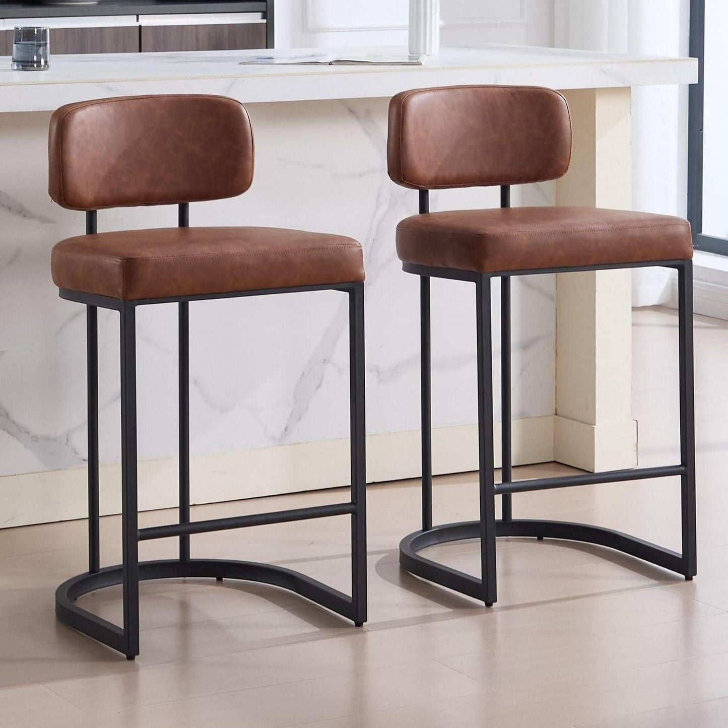 Set of 2 Bar Stools PU Leather Bar Stools with Backrest and Footrest, Kitchen Bar Stools with Metal Legs for Bar Counter Kitchen