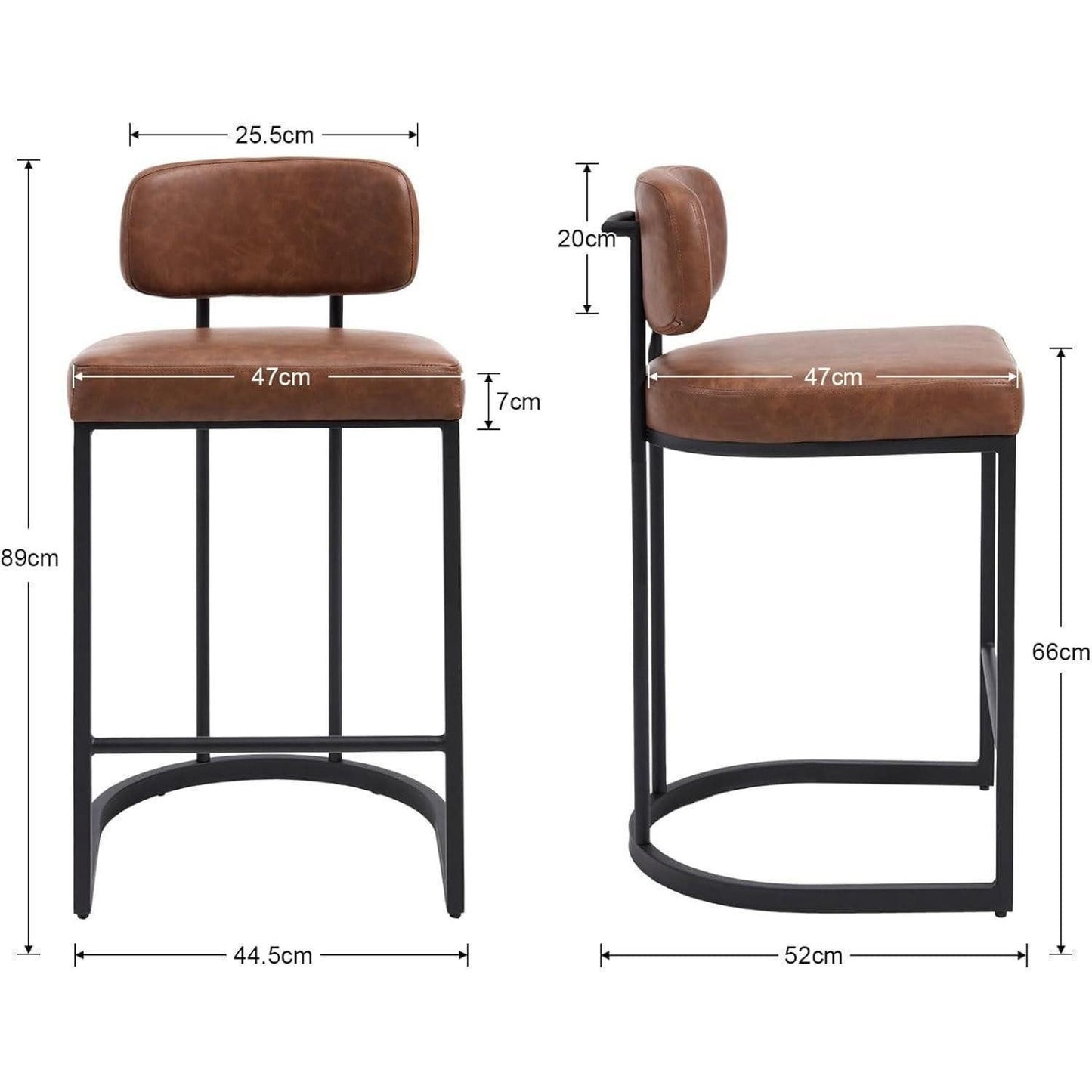 Set of 2 Bar Stools PU Leather Bar Stools with Backrest and Footrest, Kitchen Bar Stools with Metal Legs for Bar Counter Kitchen