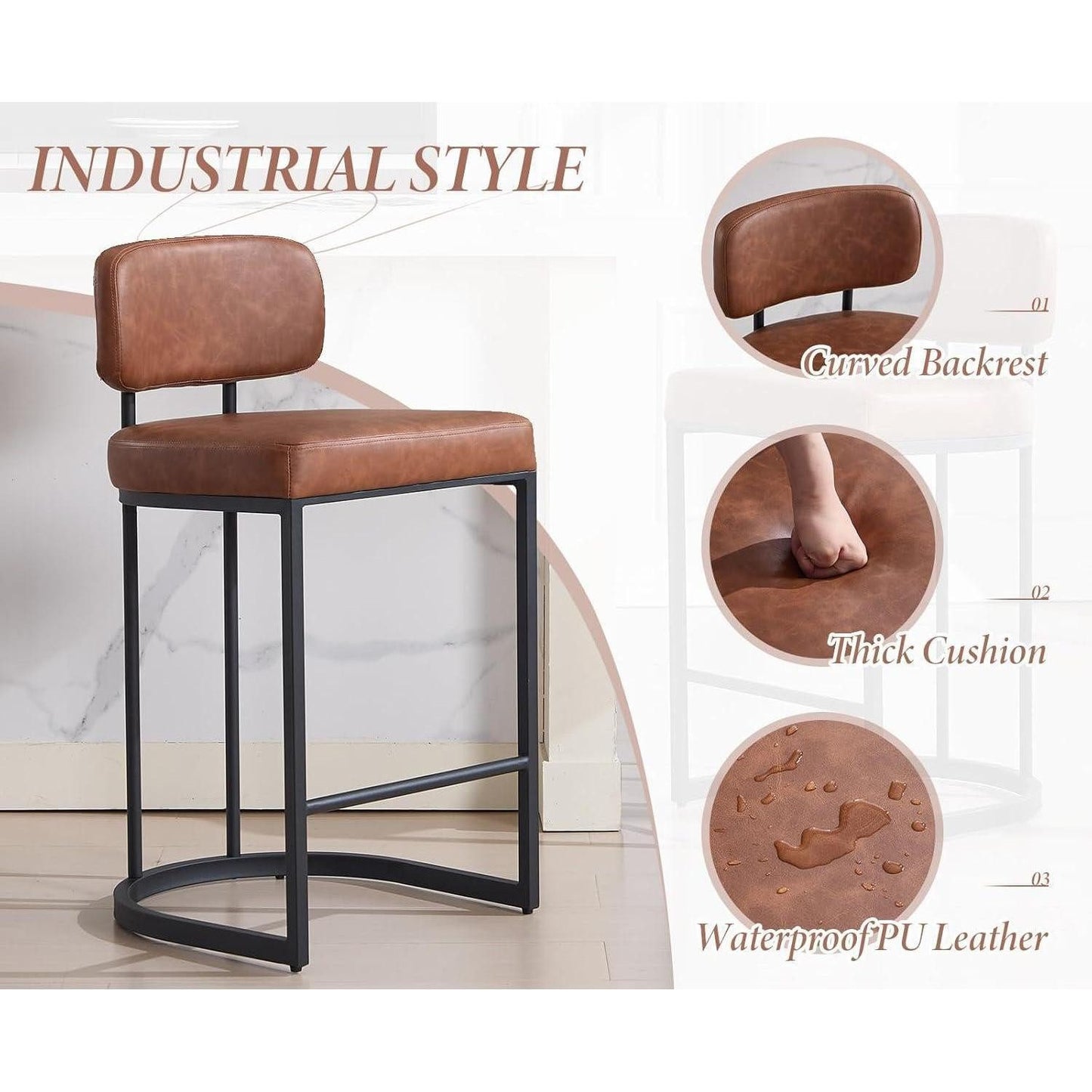 Set of 2 Bar Stools PU Leather Bar Stools with Backrest and Footrest, Kitchen Bar Stools with Metal Legs for Bar Counter Kitchen