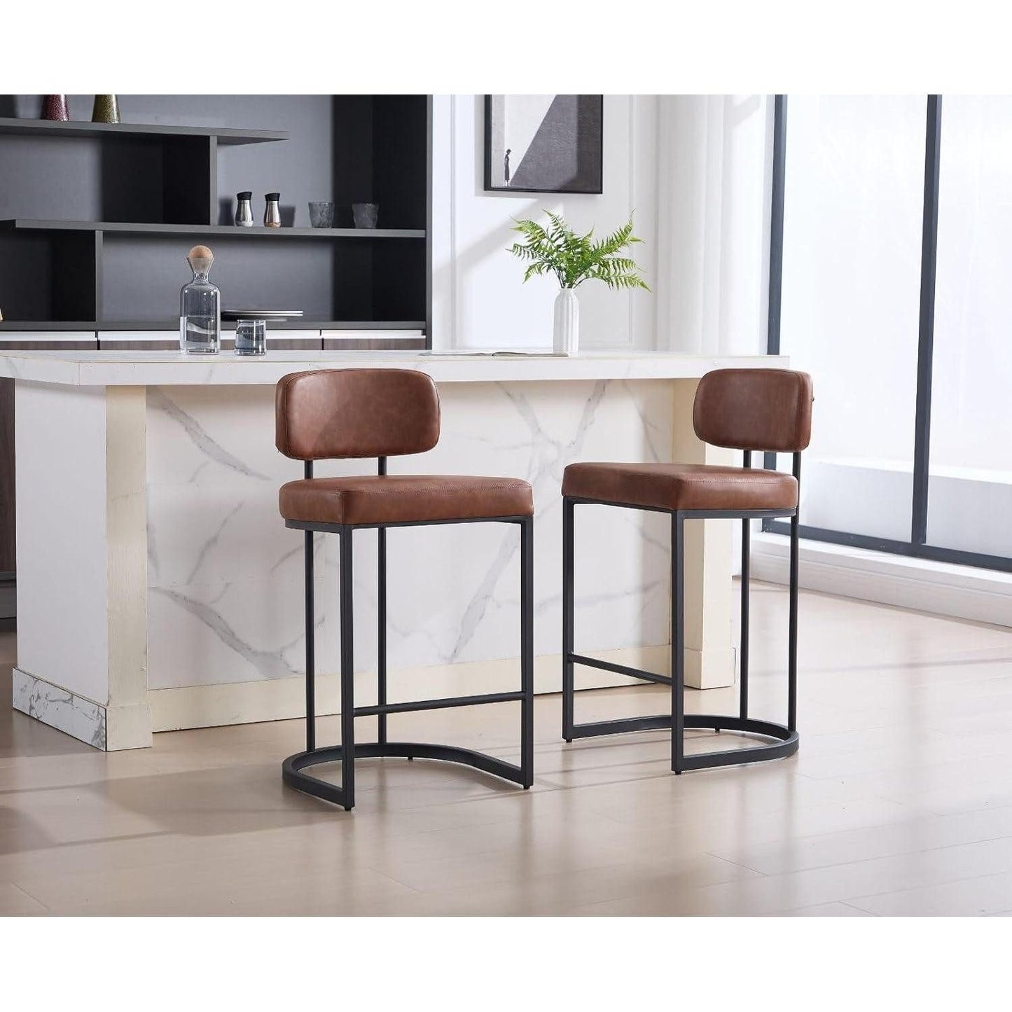 Set of 2 Bar Stools PU Leather Bar Stools with Backrest and Footrest, Kitchen Bar Stools with Metal Legs for Bar Counter Kitchen