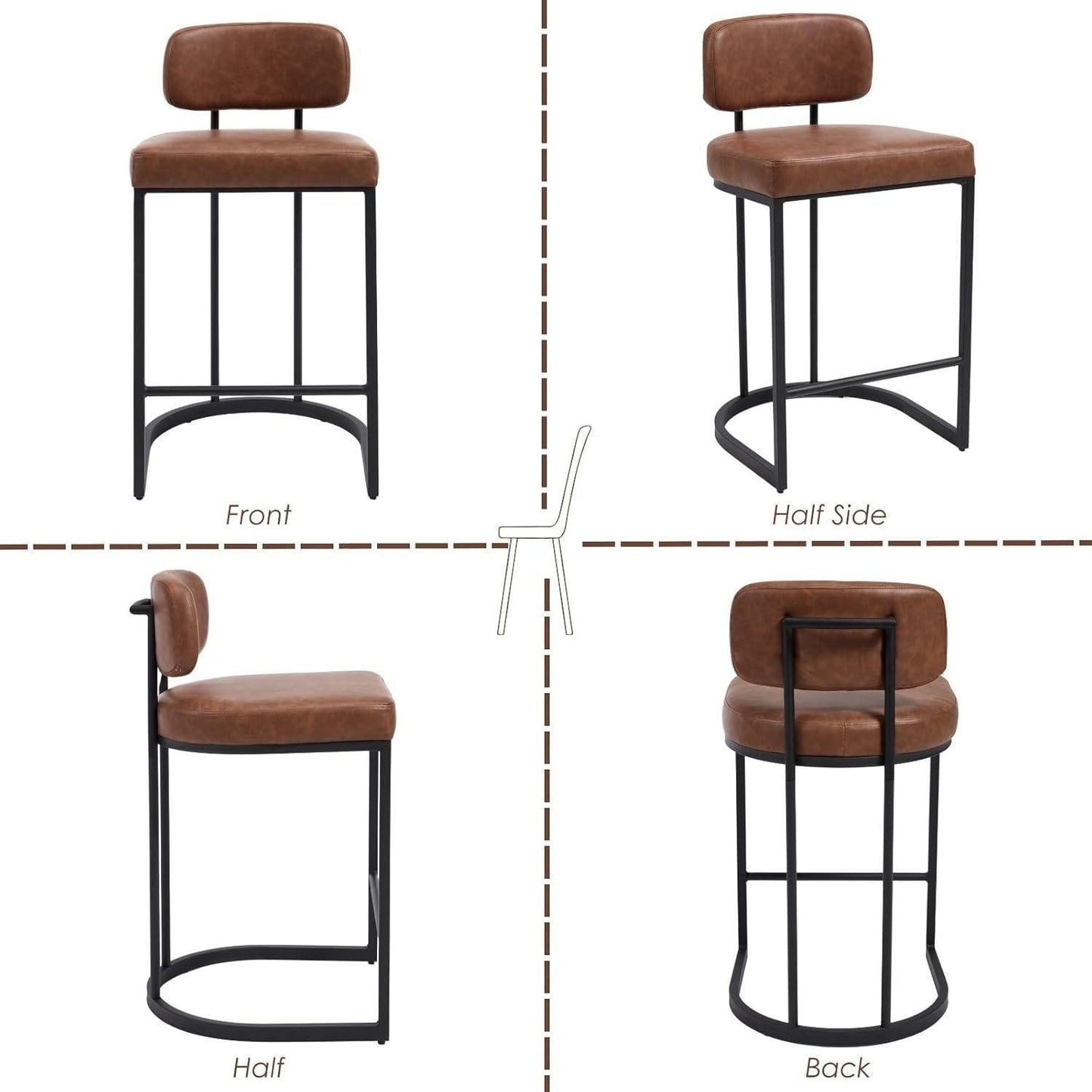 Set of 2 Bar Stools PU Leather Bar Stools with Backrest and Footrest, Kitchen Bar Stools with Metal Legs for Bar Counter Kitchen