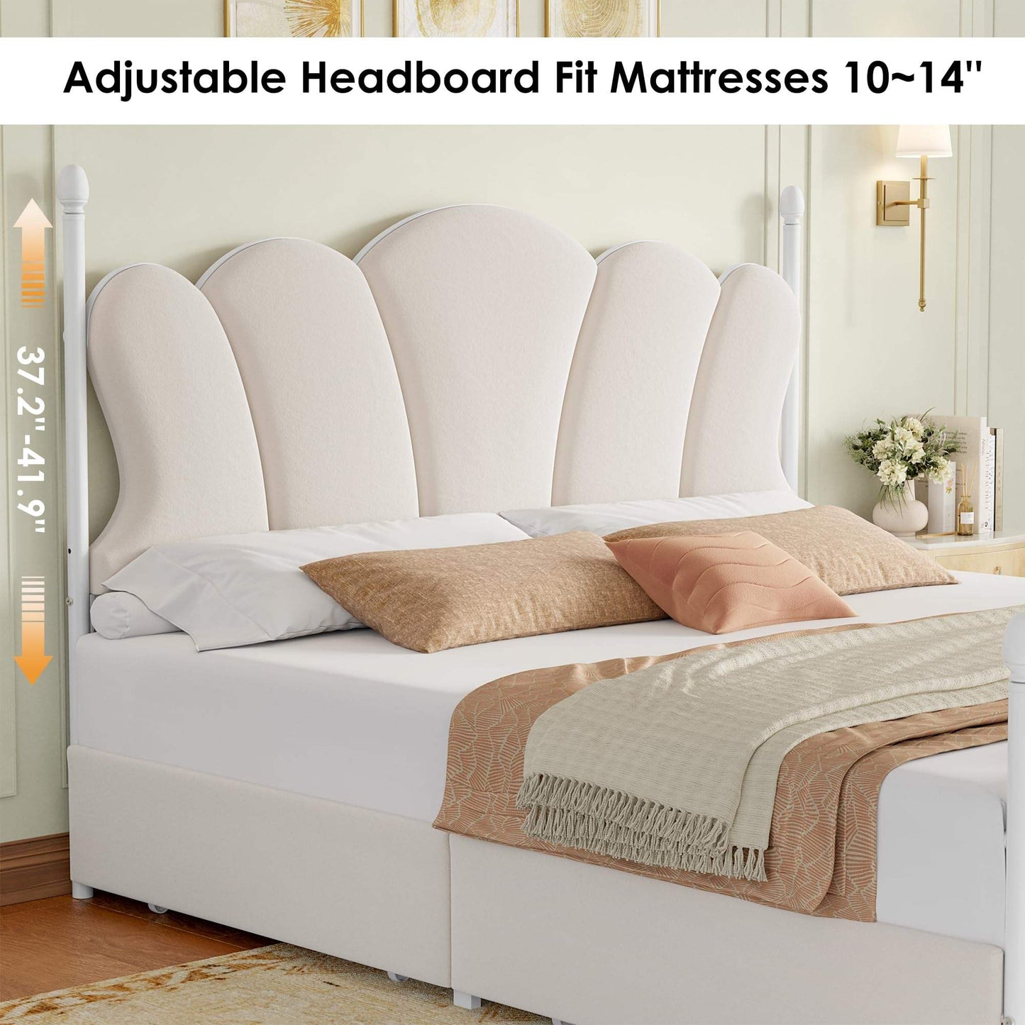 Velvet Upholstered Full-Size Bed Frame with 4 Storage Drawers, Cloud-Shaped Headboard, Sturdy Metal Slat Support, No Box Spring Required, Beige