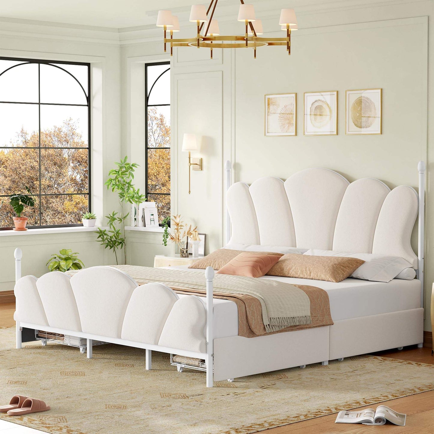 Velvet Upholstered Full-Size Bed Frame with 4 Storage Drawers, Cloud-Shaped Headboard, Sturdy Metal Slat Support, No Box Spring Required, Beige