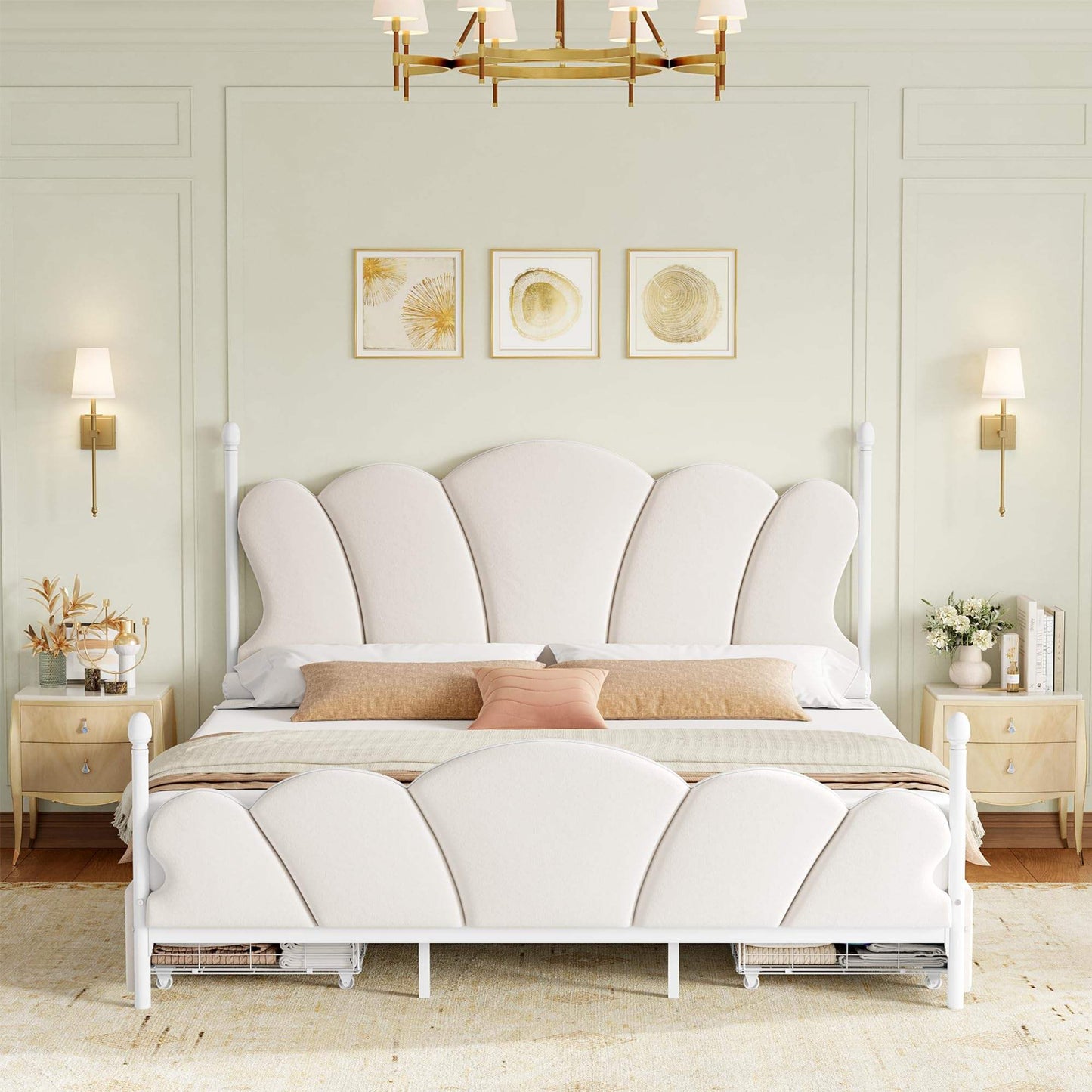 Velvet Upholstered Full-Size Bed Frame with 4 Storage Drawers, Cloud-Shaped Headboard, Sturdy Metal Slat Support, No Box Spring Required, Beige