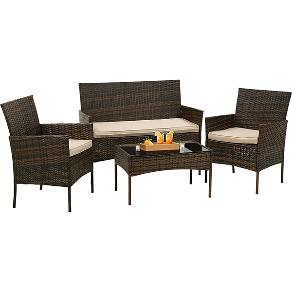 Maxxus Patio Furniture 4 Pieces Outdoor Indoor Use Rattan Chairs Wicker Patio Loveseats Conversation Sets with Table and Beige Cushions for Backyard Lawn Porch Garden Balcony, Brown