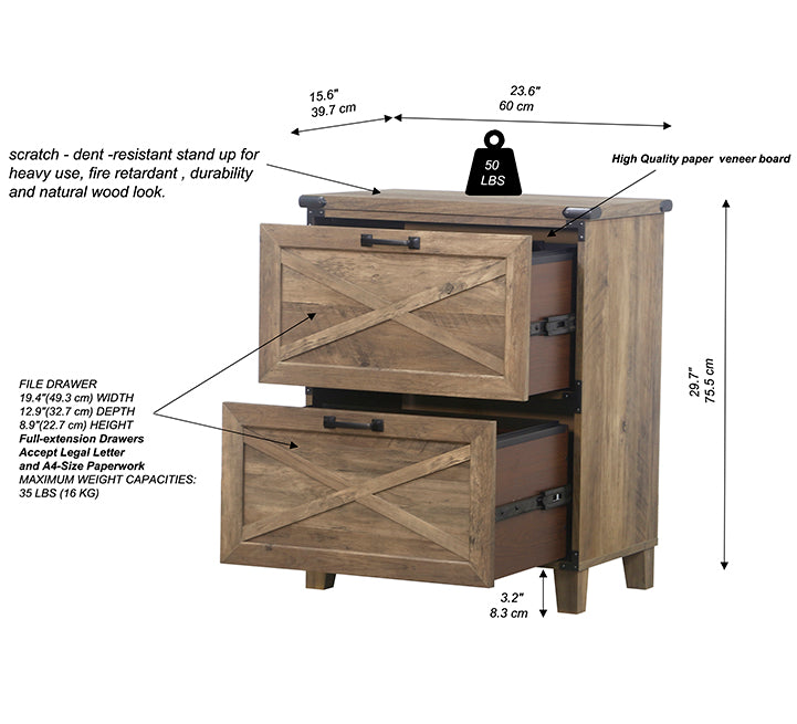 Maxxus Rustic Oak 2-Drawer Lateral Filing Cabinet