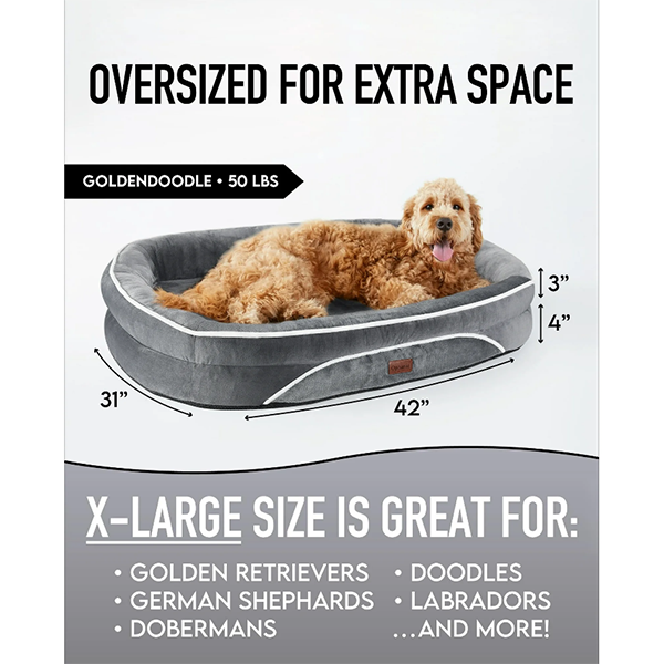 Ophanie 42" Orthopedic Dog Bed for Large & XL Dogs – Sofa-Style with Plush Washable Cover, 4-Sided Bolsters & Non-Slip Base (Gray, 42"x31"x7")