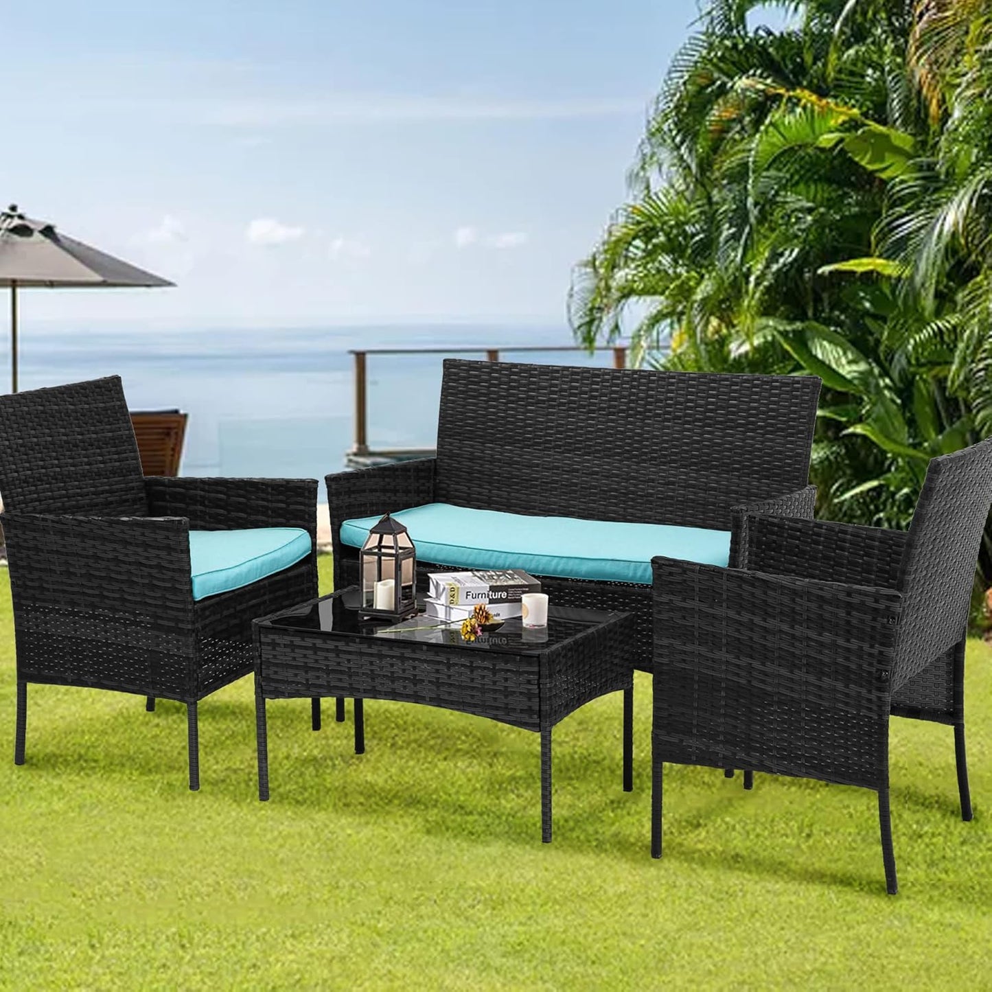 Maxxus Patio Furniture 4 Pieces Outdoor Indoor Use Rattan Chairs Wicker Patio Loveseats Conversation Sets with Table and Beige Cushions for Backyard Lawn Porch Garden Balcony, Brown