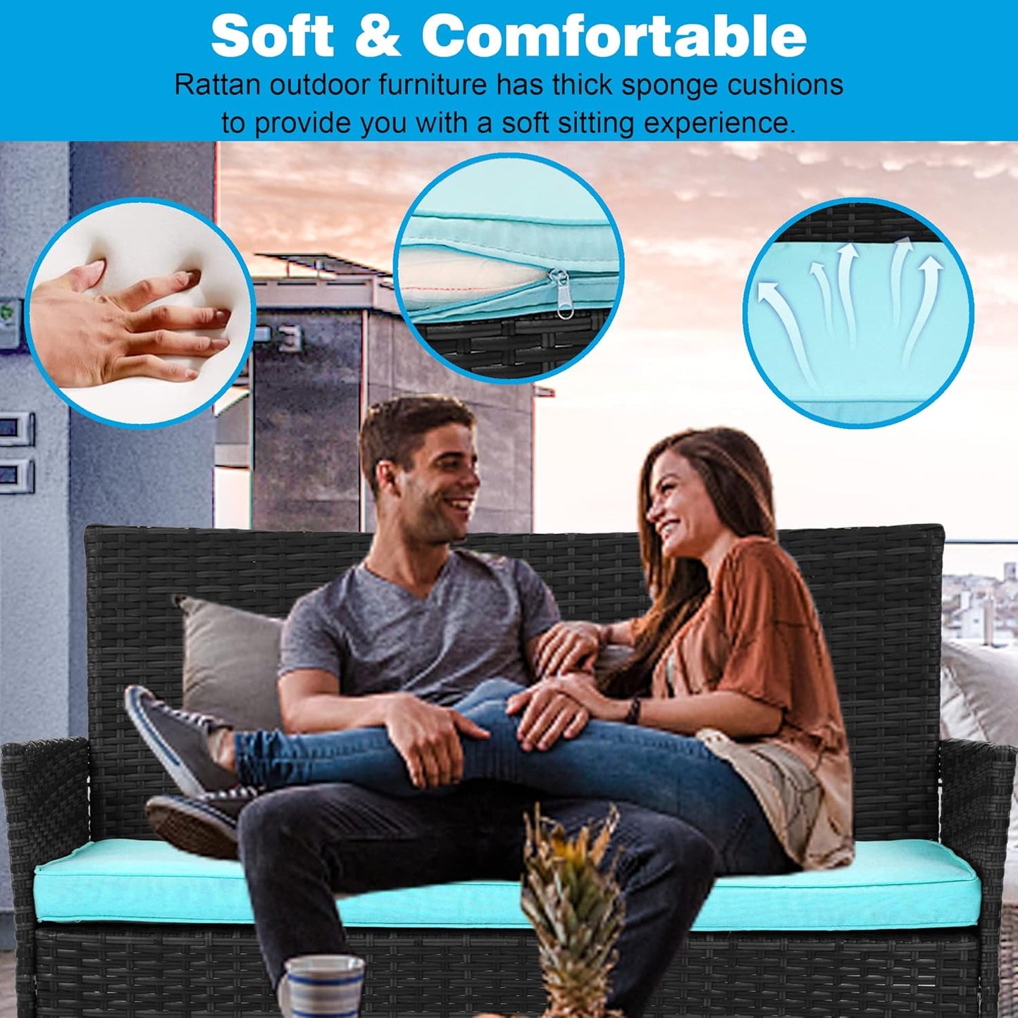 Maxxus Patio Furniture 4 Pieces Outdoor Indoor Use Rattan Chairs Wicker Patio Loveseats Conversation Sets with Table and Beige Cushions for Backyard Lawn Porch Garden Balcony, Brown