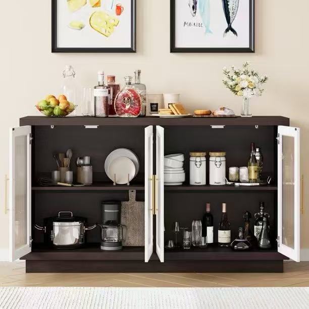Wooden 55.1"W Modern Sideboard Buffet with Fluted Glass Doors, Accent Cabinet Console Table TV Stand, Brown & White