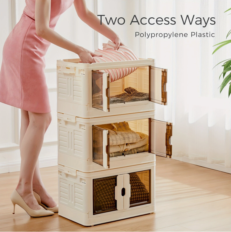 3-Tier Stackable Plastic Storage Bins With Lids Foldable Storage Boxes With Doors & Wheels 80QT/ 76L