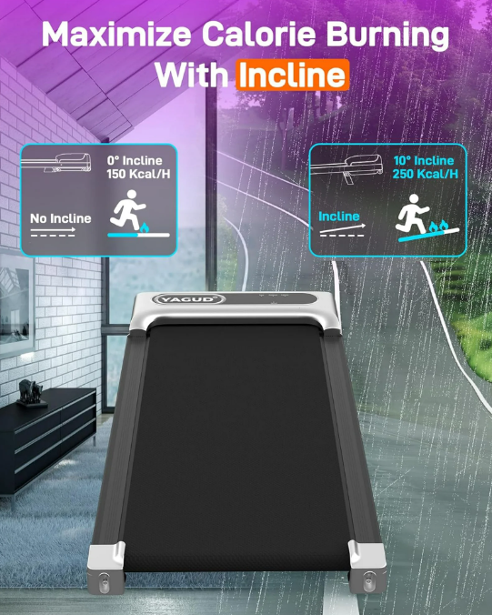 Yagud Walking Pad Under Desk Treadmill with Incline, Portable Small Treadmills for Home with Remote Control, Walking Pad Treadmill with Manual Incline, LED Display, 265LBS Weight Capacity