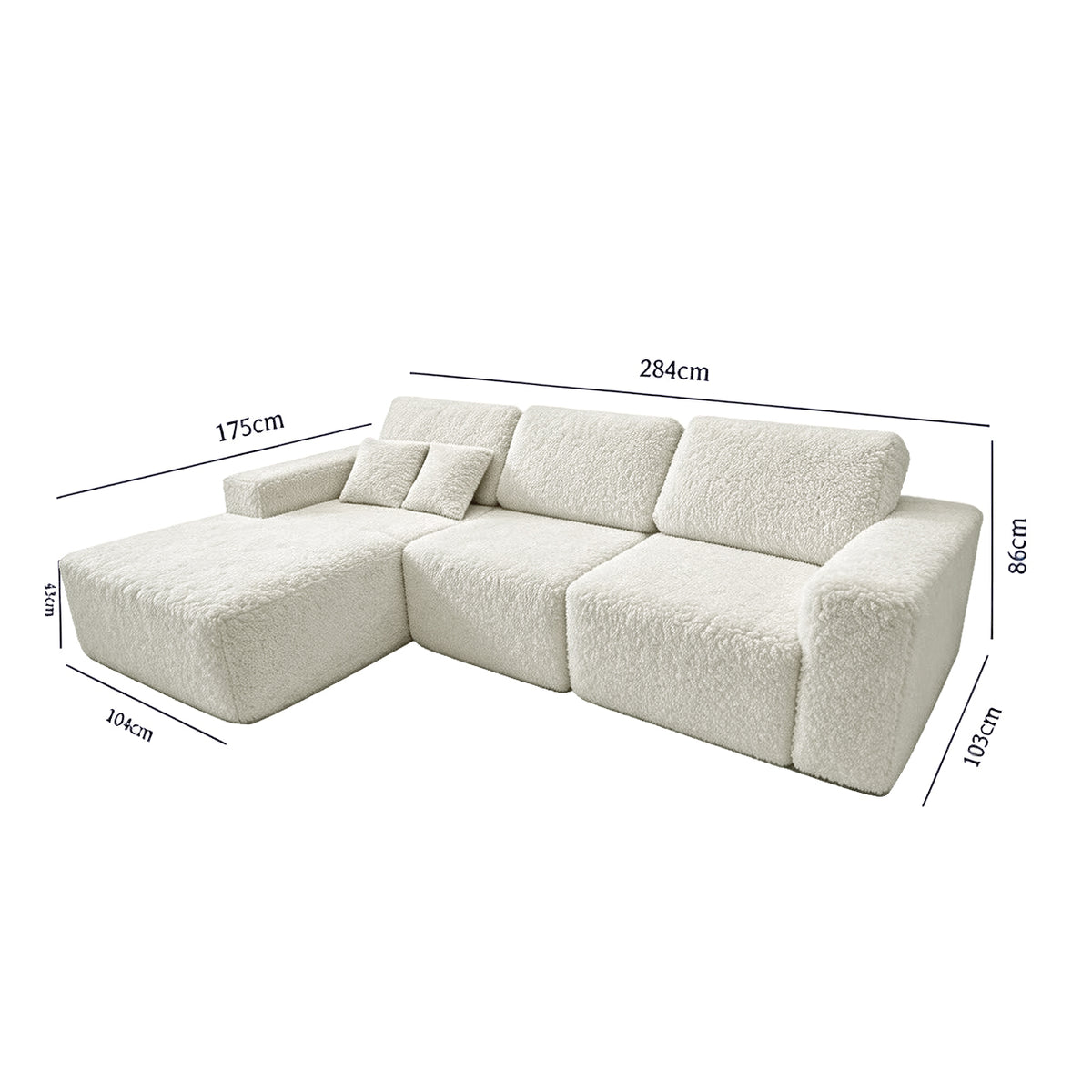 Teddy Compression Sofa Upholstered Velvet Chaise longue sofa For Four Person, High Rebound Density Sponge Sofa for Living Room, Bedroom, Apartment or Office, 284cm