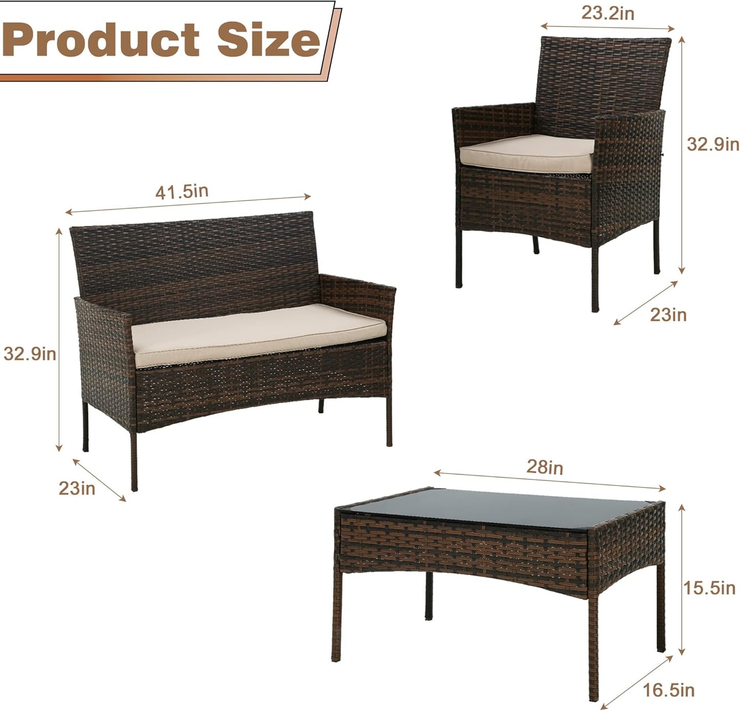Maxxus Patio Furniture 4 Pieces Outdoor Indoor Use Rattan Chairs Wicker Patio Loveseats Conversation Sets with Table and Beige Cushions for Backyard Lawn Porch Garden Balcony, Brown