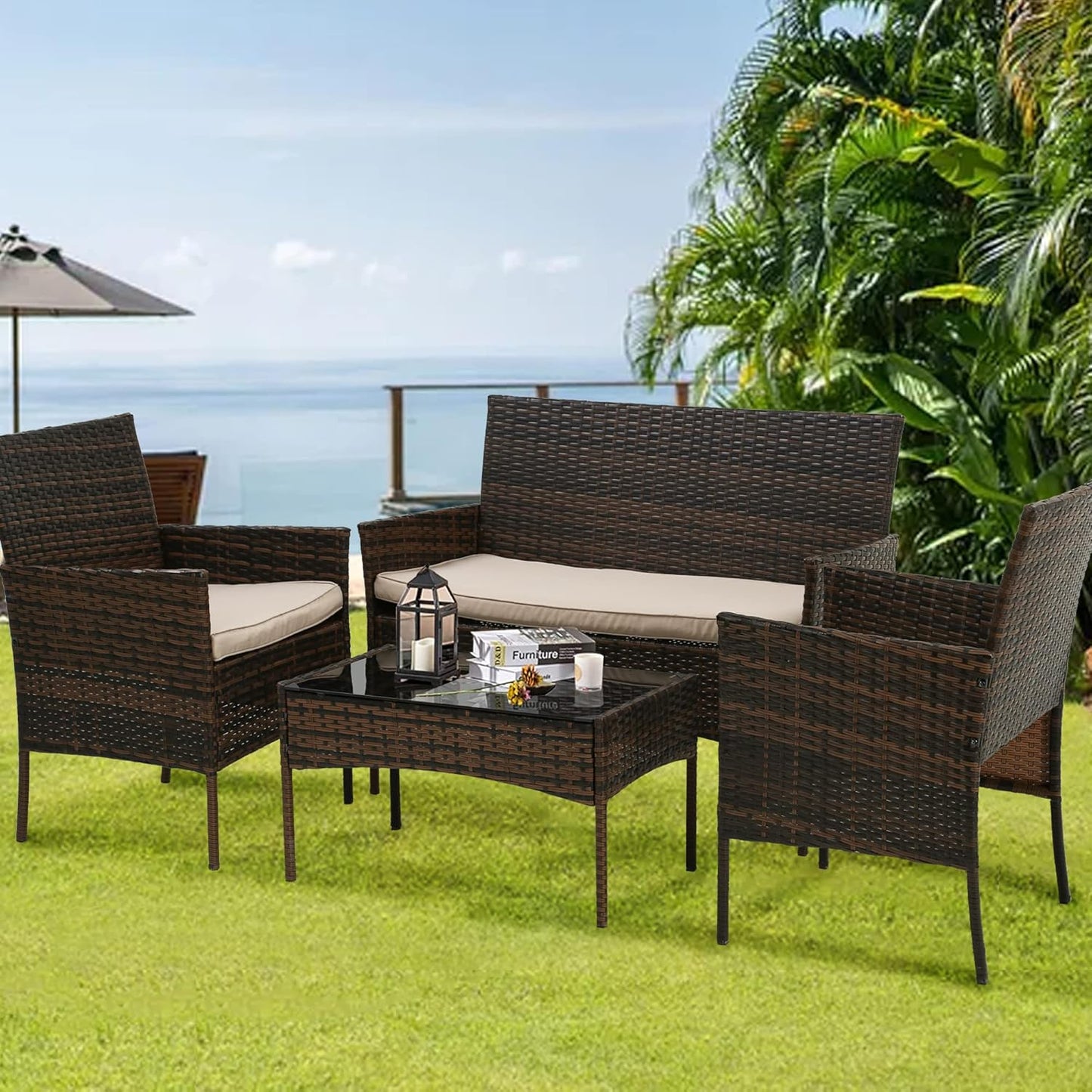 Maxxus Patio Furniture 4 Pieces Outdoor Indoor Use Rattan Chairs Wicker Patio Loveseats Conversation Sets with Table and Beige Cushions for Backyard Lawn Porch Garden Balcony, Brown