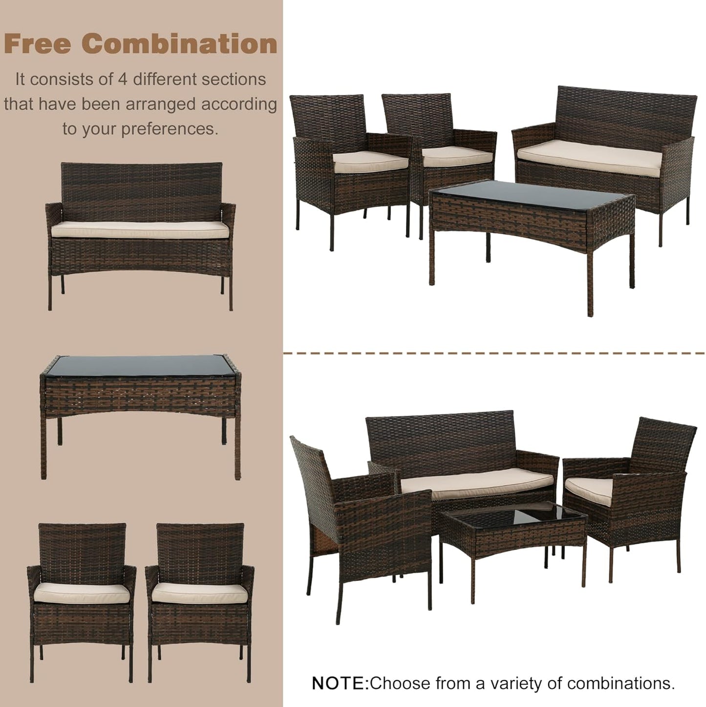 Maxxus Patio Furniture 4 Pieces Outdoor Indoor Use Rattan Chairs Wicker Patio Loveseats Conversation Sets with Table and Beige Cushions for Backyard Lawn Porch Garden Balcony, Brown