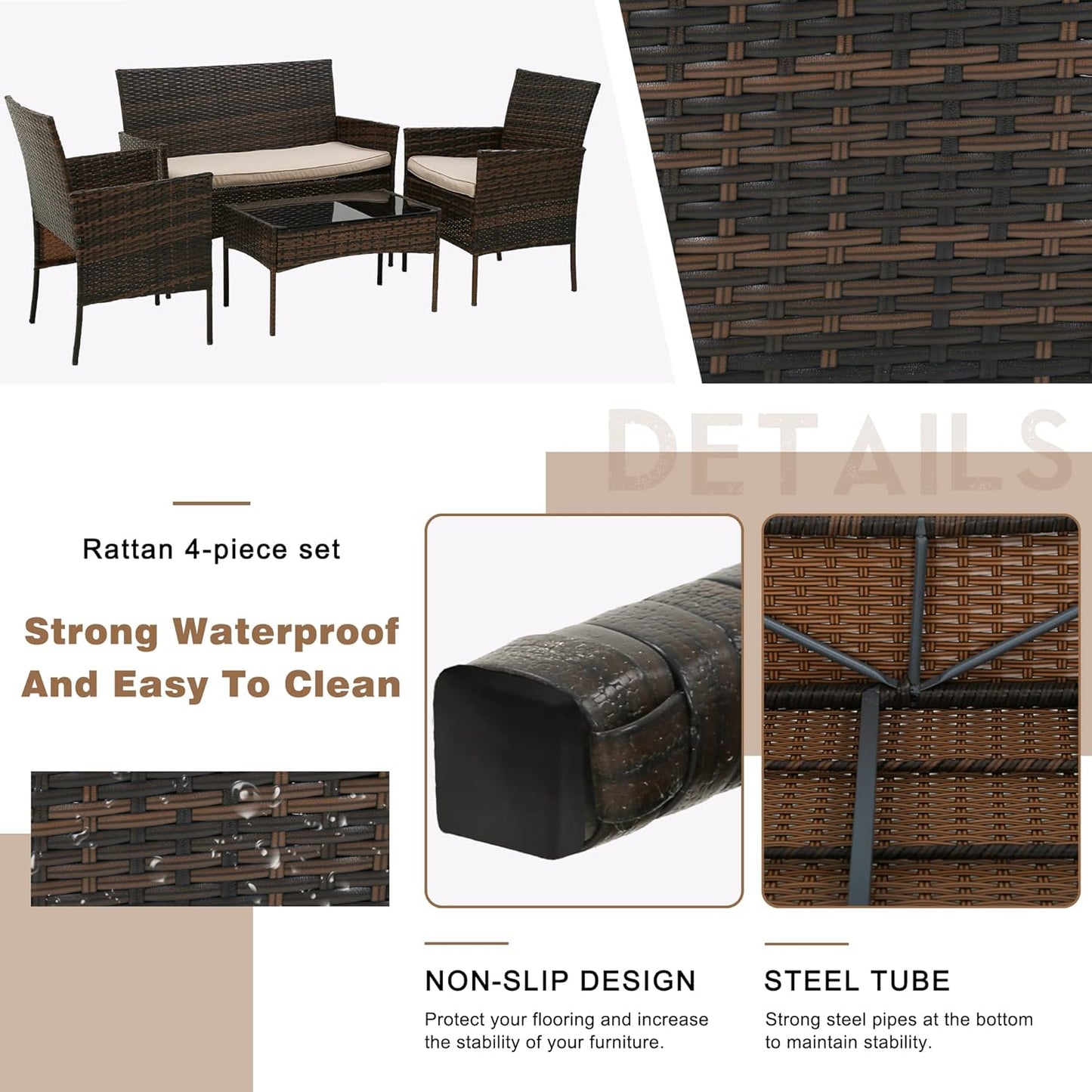 Maxxus Patio Furniture 4 Pieces Outdoor Indoor Use Rattan Chairs Wicker Patio Loveseats Conversation Sets with Table and Beige Cushions for Backyard Lawn Porch Garden Balcony, Brown