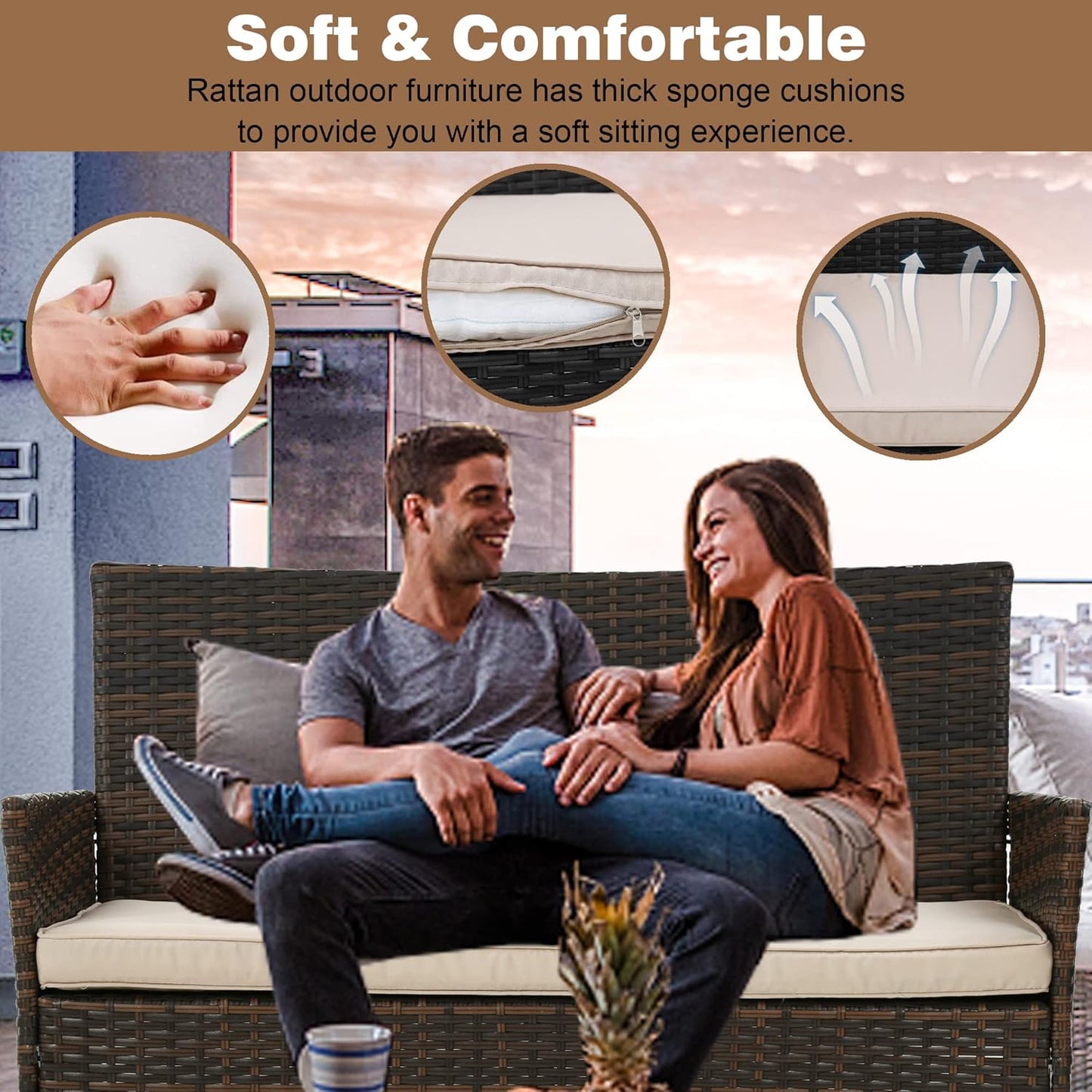 Maxxus Patio Furniture 4 Pieces Outdoor Indoor Use Rattan Chairs Wicker Patio Loveseats Conversation Sets with Table and Beige Cushions for Backyard Lawn Porch Garden Balcony, Brown